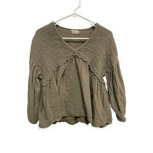 Altard State Blouse Size XS Gauze Peplum Top Olive Green Cotton V Neck Babydoll
